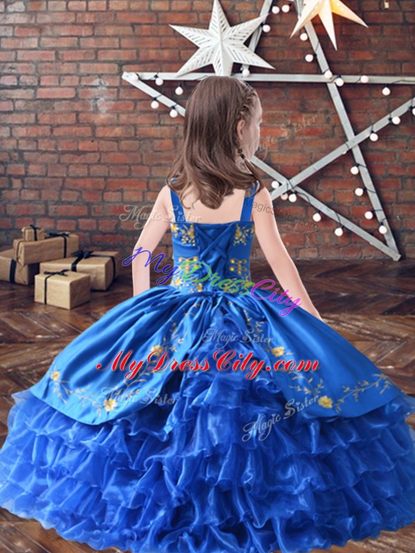 Turquoise Ball Gowns Straps Sleeveless Satin and Organza Floor Length Lace Up Embroidery and Ruffled Layers Little Girls Pageant Dress Wholesale