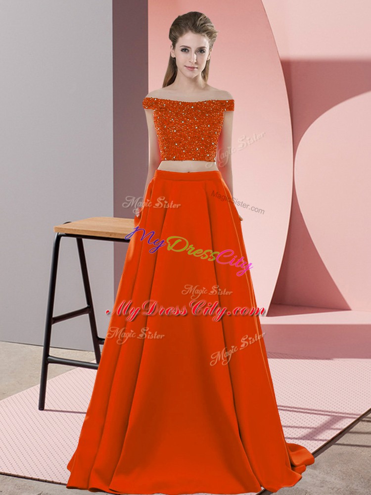 Affordable Rust Red Off The Shoulder Neckline Beading Evening Dress Sleeveless Backless