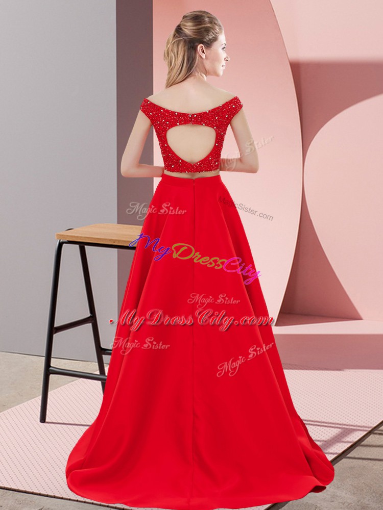 Affordable Rust Red Off The Shoulder Neckline Beading Evening Dress Sleeveless Backless