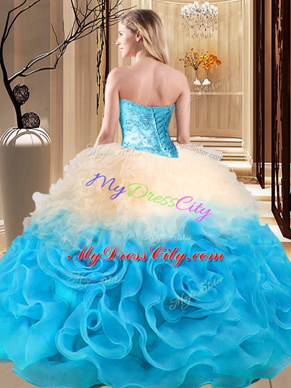 Hot Selling Sweetheart Sleeveless 15 Quinceanera Dress Floor Length Beading and Ruffles Multi-color Fabric With Rolling Flowers