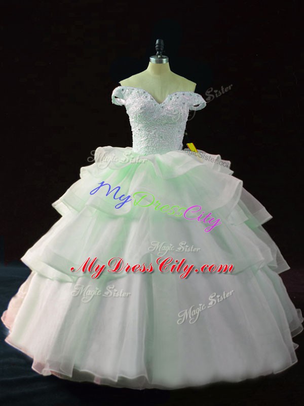 Organza Off The Shoulder Sleeveless Brush Train Lace Up Beading and Ruffled Layers Quinceanera Gown in Apple Green