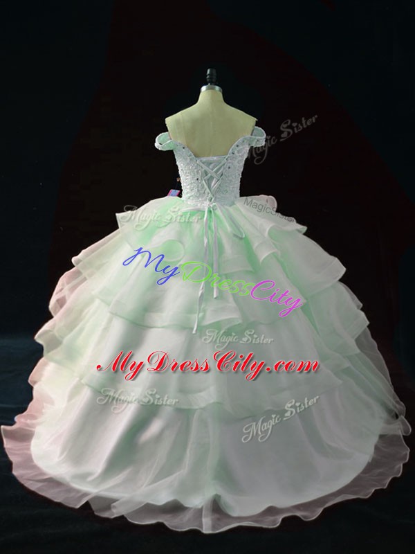 Organza Off The Shoulder Sleeveless Brush Train Lace Up Beading and Ruffled Layers Quinceanera Gown in Apple Green