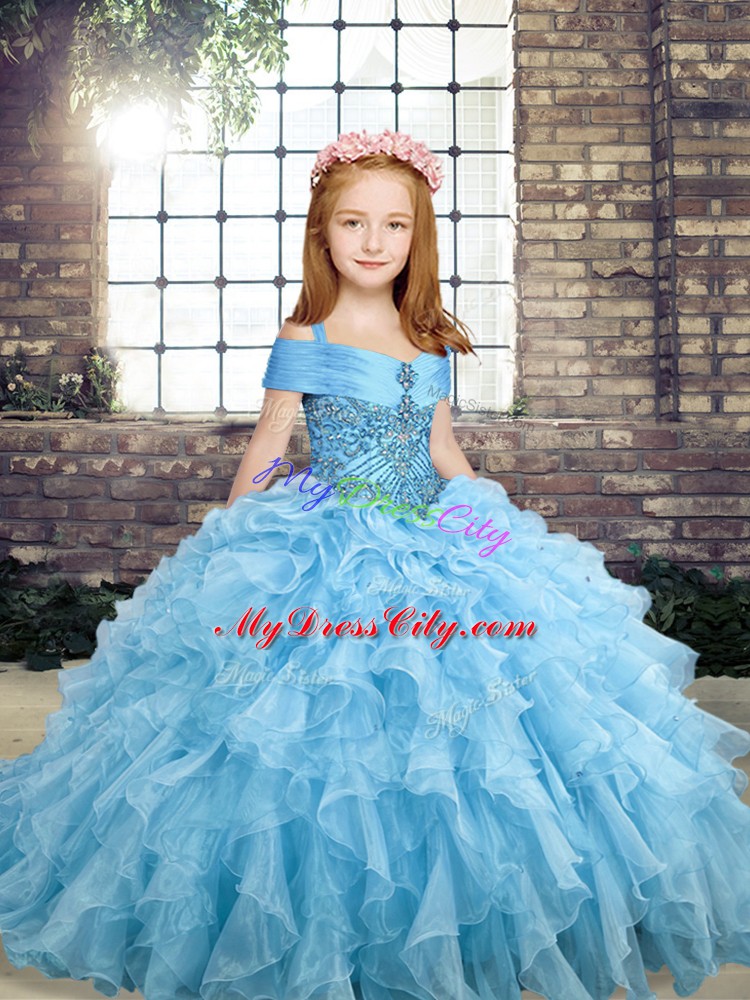 Blue Lace Up Pageant Dress for Teens Beading and Ruffles Sleeveless Floor Length