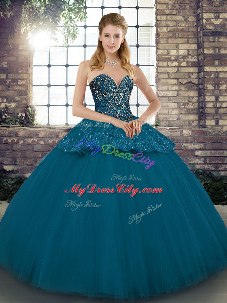 Decent Sleeveless Beading and Appliques Lace Up Quince Ball Gowns