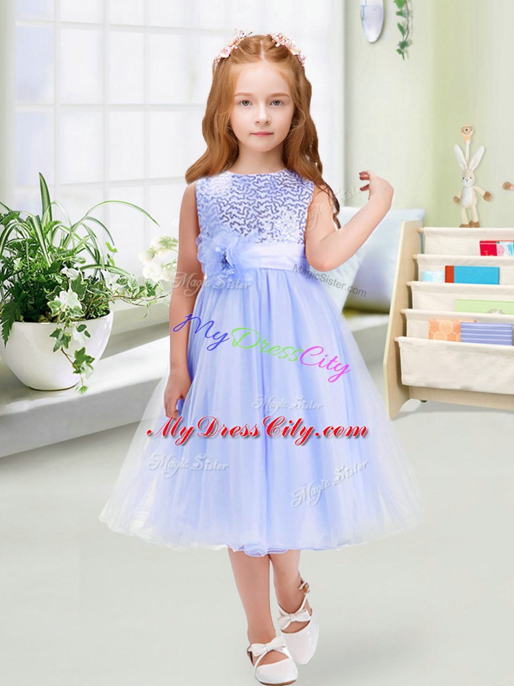 Low Price Lavender Sleeveless Tea Length Sequins and Hand Made Flower Zipper Flower Girl Dress