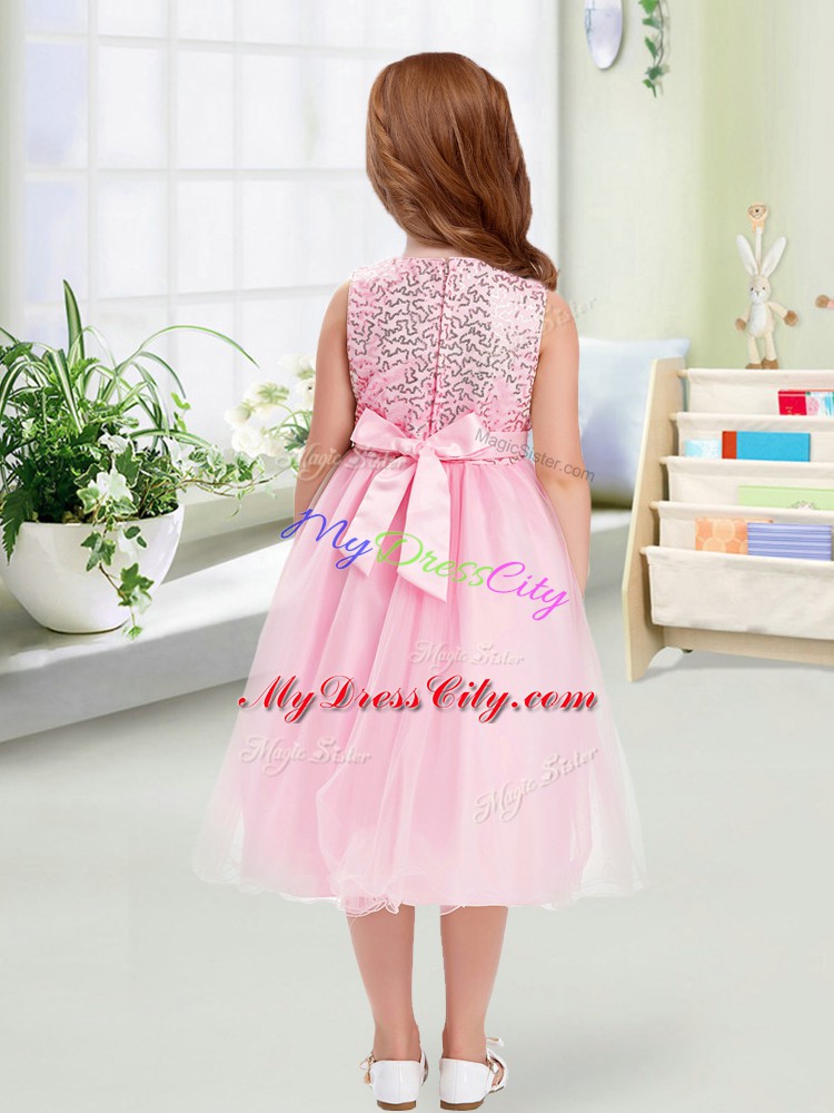 Low Price Lavender Sleeveless Tea Length Sequins and Hand Made Flower Zipper Flower Girl Dress