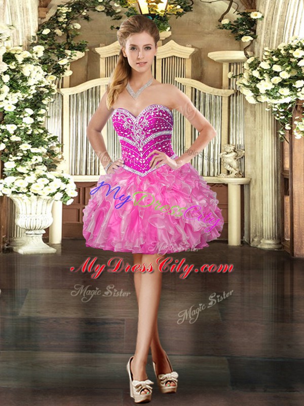 Cute Hot Pink Teens Party Dress Prom and Party with Beading and Ruffles Sweetheart Sleeveless Lace Up