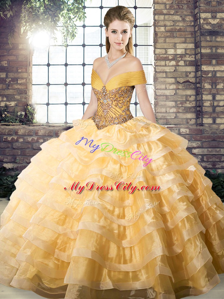 Brush Train Ball Gowns Sweet 16 Dresses Gold Off The Shoulder Organza Sleeveless Lace Up
