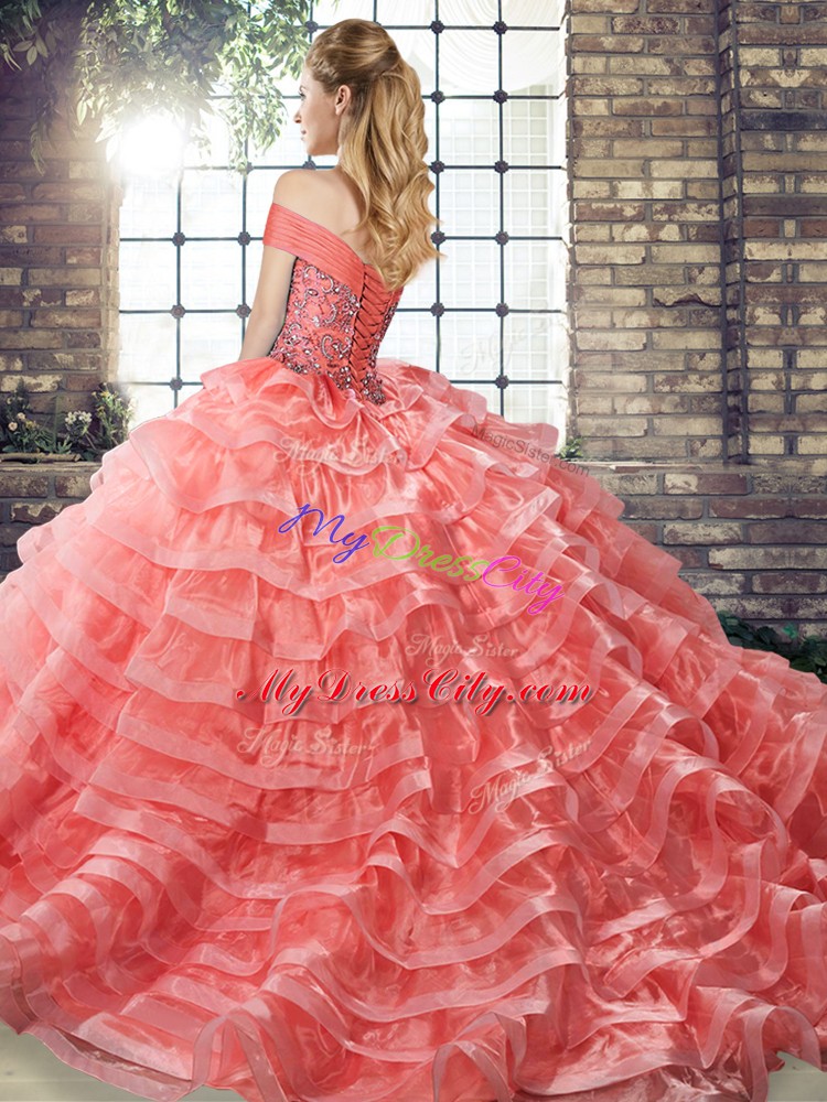 Brush Train Ball Gowns Sweet 16 Dresses Gold Off The Shoulder Organza Sleeveless Lace Up