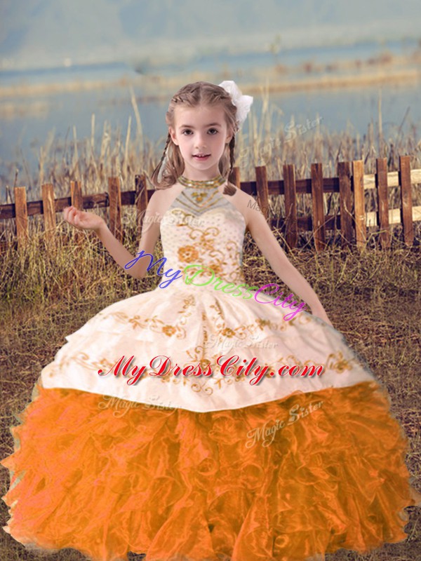 Orange Red Pageant Dress Toddler Wedding Party with Beading and Embroidery and Ruffles Halter Top Sleeveless Lace Up