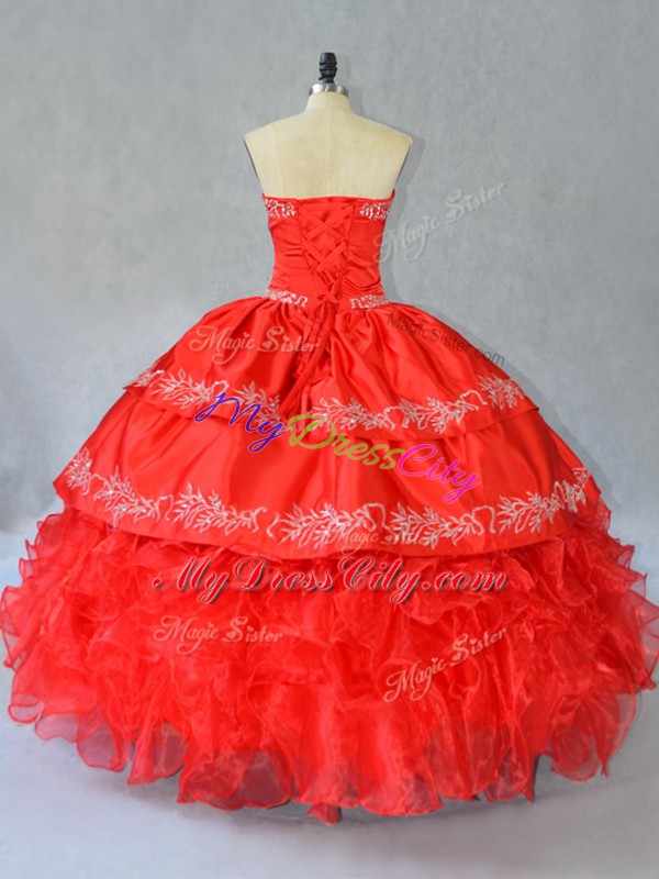 Admirable Red Ball Gowns Embroidery and Ruffles Vestidos de Quinceanera Side Zipper Organza Sleeveless Floor Length