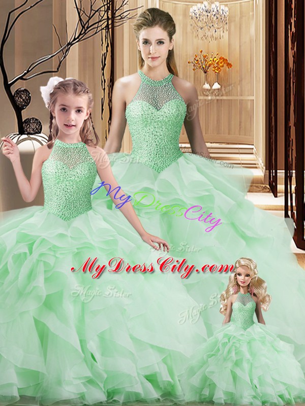 Apple Green Lace Up Halter Top Beading and Ruffles Quinceanera Gown Organza Sleeveless Brush Train