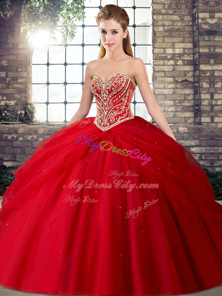 Dazzling Red Lace Up 15 Quinceanera Dress Beading and Pick Ups Sleeveless Brush Train