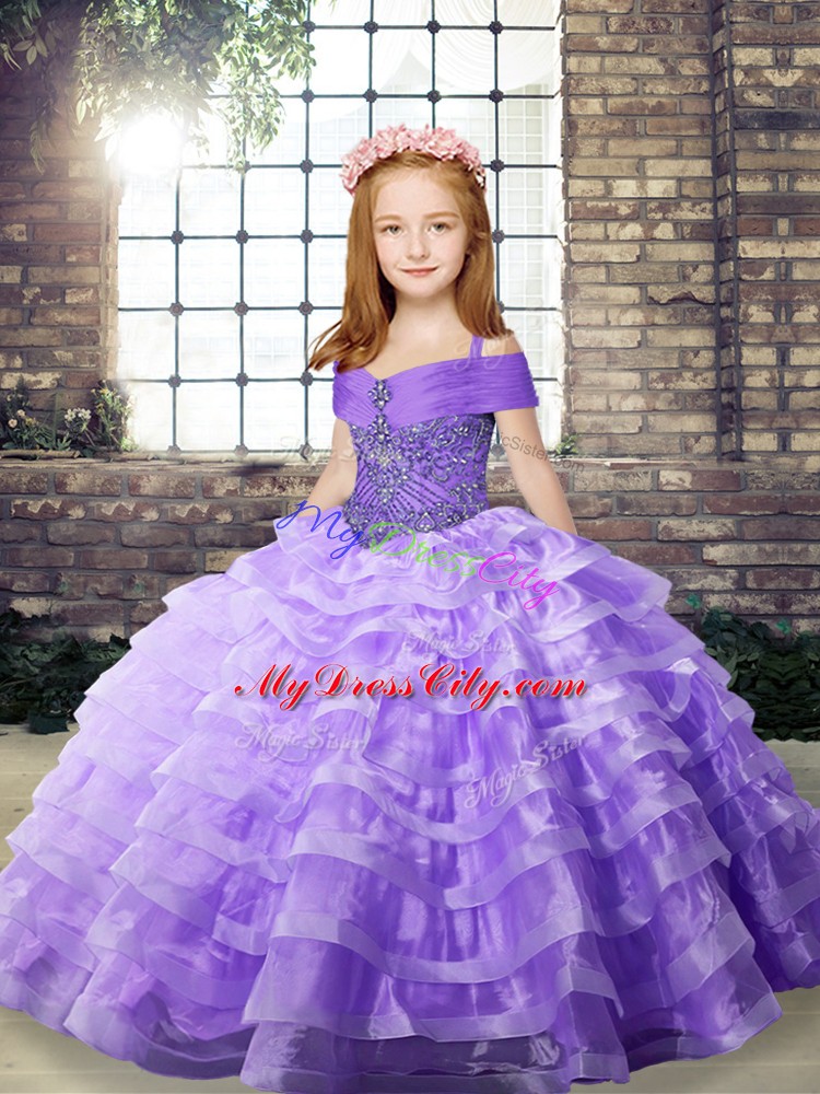 Brush Train Ball Gowns Child Pageant Dress Lavender Straps Organza Sleeveless Lace Up