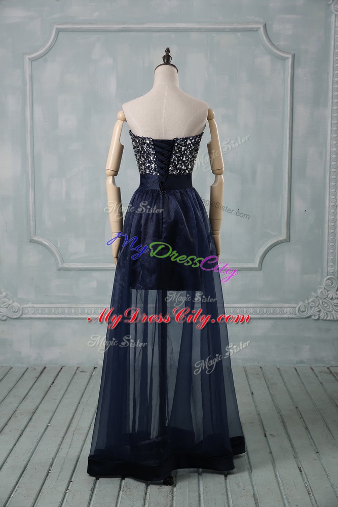 Navy Blue Empire Sweetheart Sleeveless Tulle Floor Length Lace Up Beading and Bowknot Prom Gown