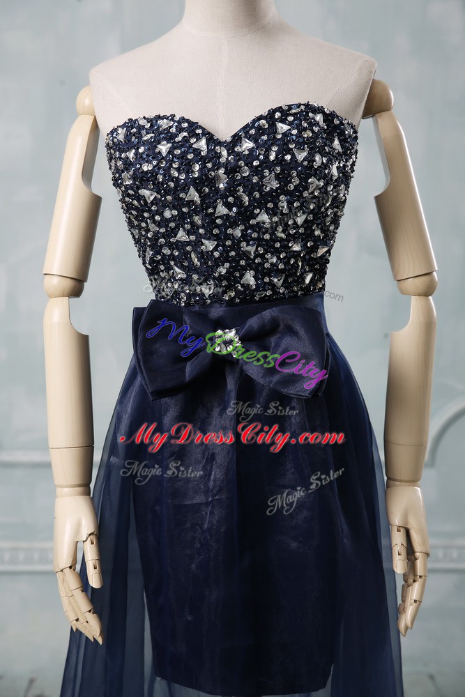 Navy Blue Empire Sweetheart Sleeveless Tulle Floor Length Lace Up Beading and Bowknot Prom Gown
