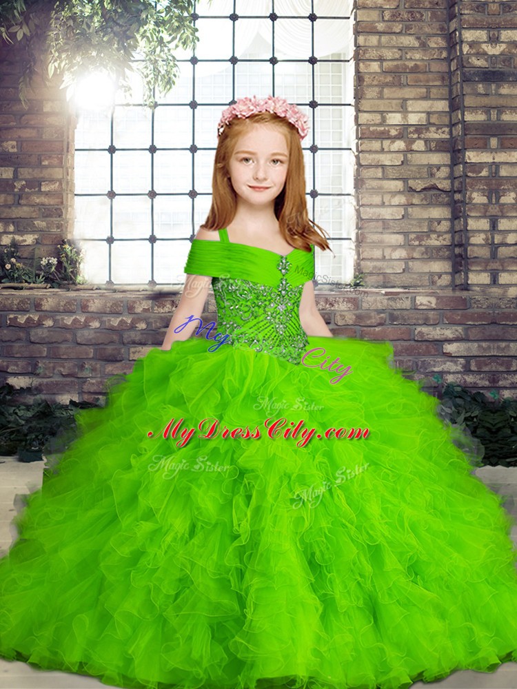 Tulle Lace Up Little Girls Pageant Dress Sleeveless Floor Length Beading