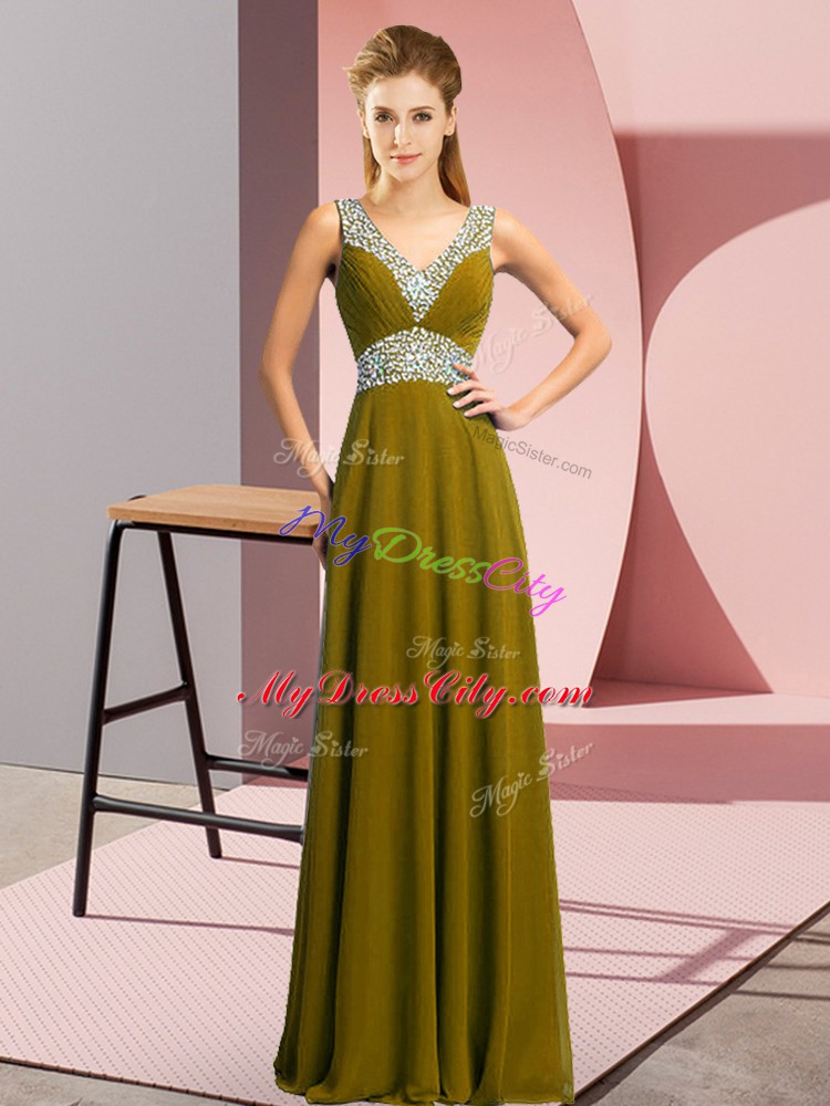 Olive Green Empire Beading Prom Party Dress Lace Up Chiffon Sleeveless Floor Length