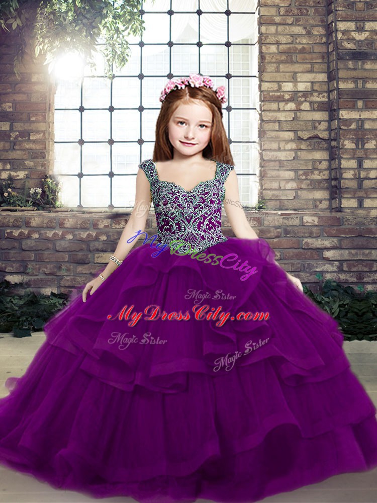 Wonderful Purple Tulle Lace Up Straps Sleeveless Floor Length Little Girls Pageant Gowns Beading