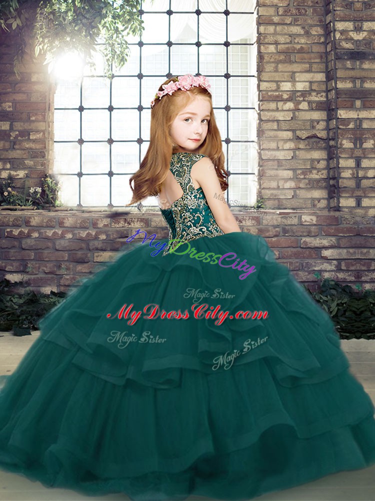 Wonderful Purple Tulle Lace Up Straps Sleeveless Floor Length Little Girls Pageant Gowns Beading