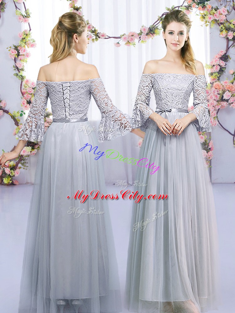 Floor Length Empire 3 4 Length Sleeve Grey Bridesmaid Gown Lace Up
