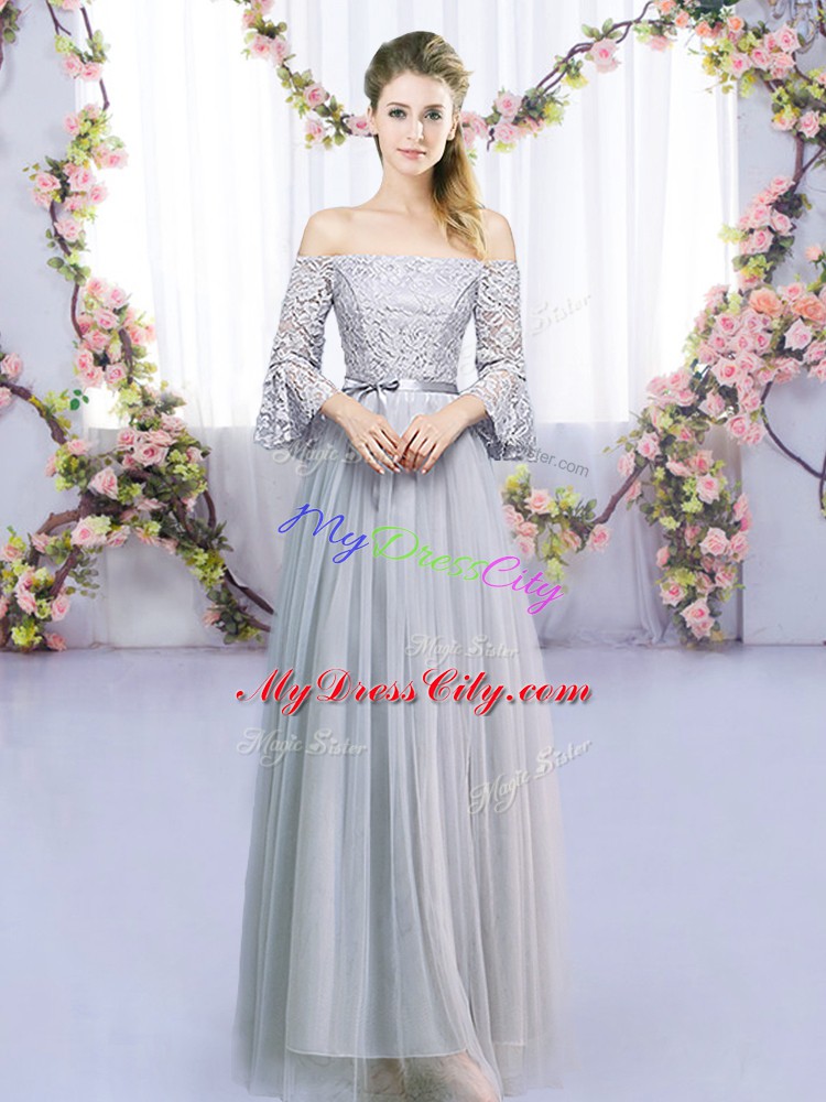 Floor Length Empire 3 4 Length Sleeve Grey Bridesmaid Gown Lace Up