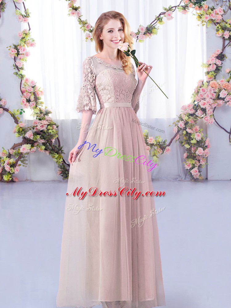Pink Tulle Side Zipper Bridesmaid Gown Half Sleeves Floor Length Lace and Belt