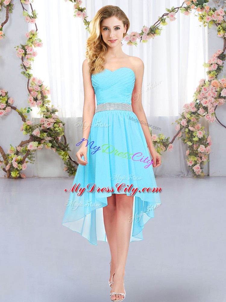 Sweetheart Sleeveless Bridesmaid Gown High Low Belt Aqua Blue Chiffon