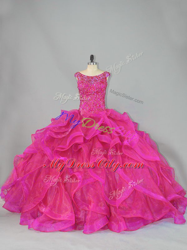 Affordable Beading and Ruffles Vestidos de Quinceanera Hot Pink Lace Up Sleeveless Brush Train