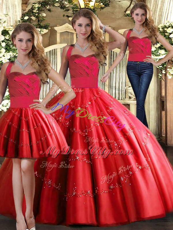 Appliques Ball Gown Prom Dress Red Lace Up Sleeveless Floor Length