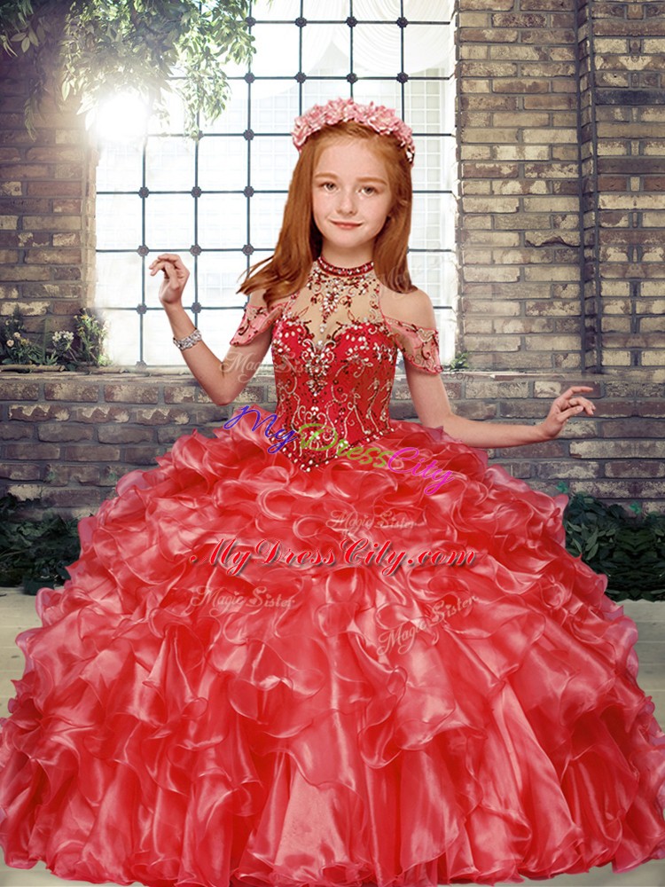 Luxurious Ball Gowns Glitz Pageant Dress Red High-neck Organza Sleeveless Floor Length Lace Up