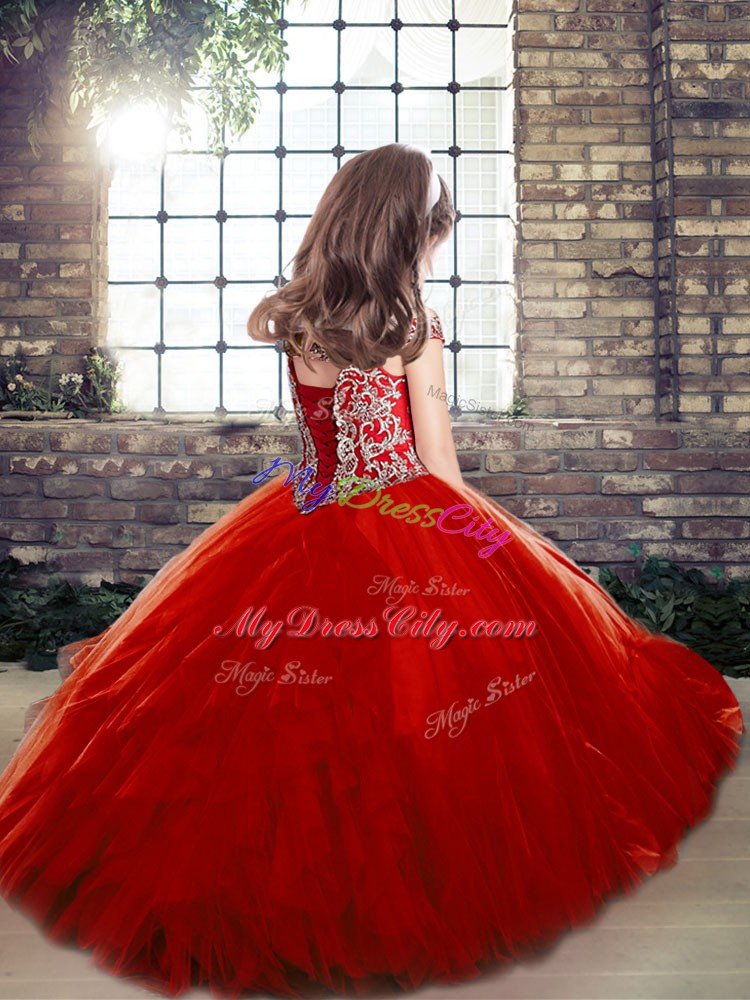 Red Sleeveless Beading Floor Length Custom Made Pageant Dress