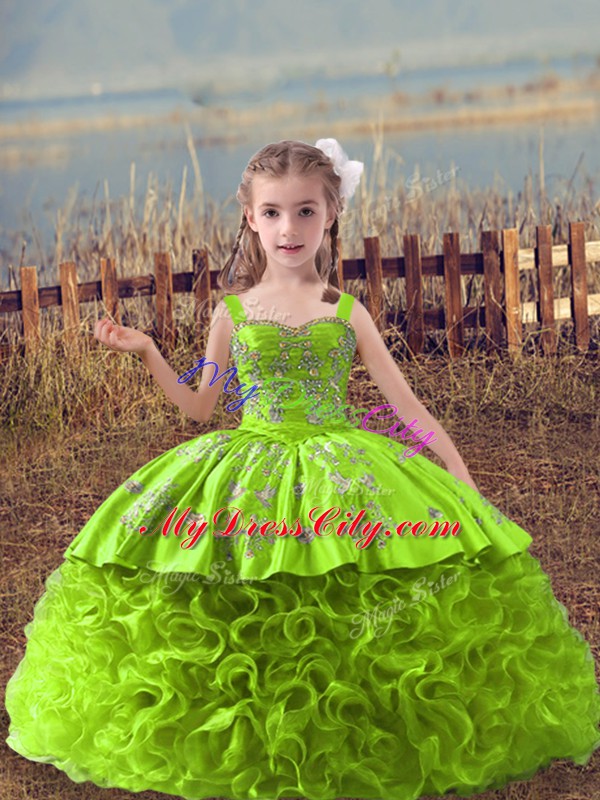Yellow Green Little Girl Pageant Dress Straps Sleeveless Sweep Train Lace Up