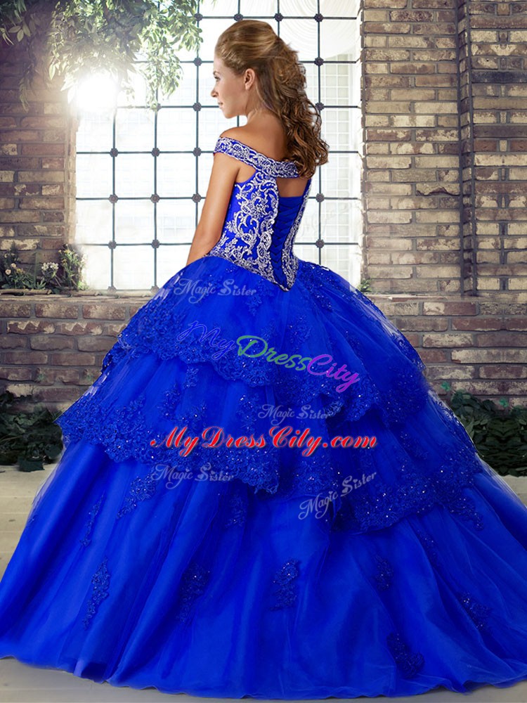Purple Lace Up Off The Shoulder Beading and Lace Quinceanera Gowns Tulle Sleeveless Brush Train