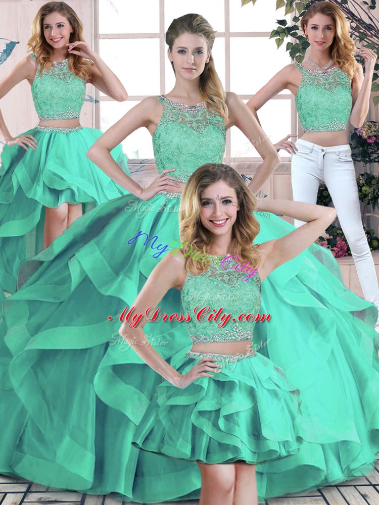 Turquoise Tulle Zipper Sweet 16 Quinceanera Dress Sleeveless Floor Length Beading and Ruffles