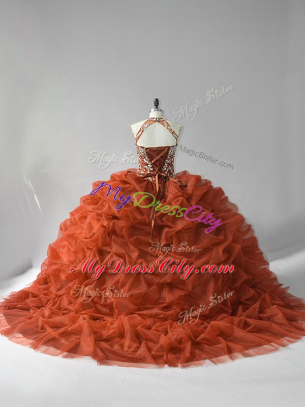 Brown Ball Gowns Beading and Pick Ups Quince Ball Gowns Lace Up Organza Sleeveless