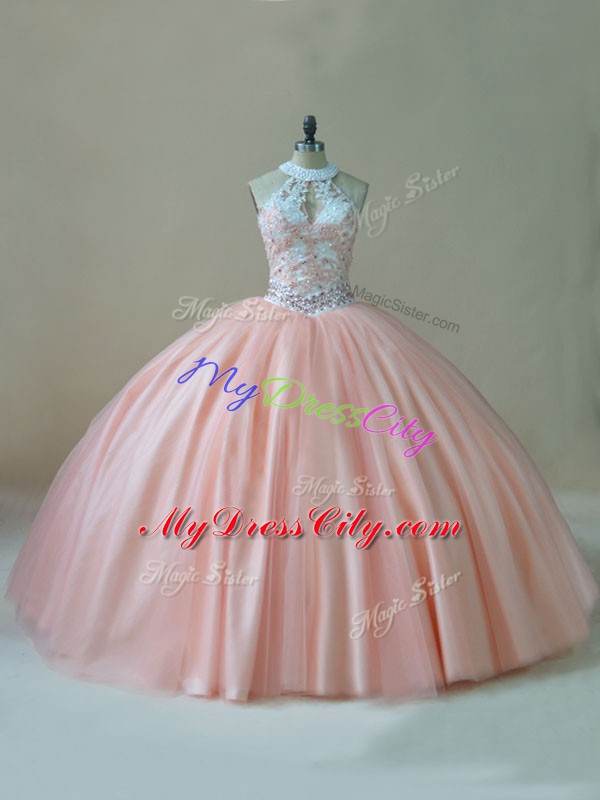 Edgy Sleeveless Floor Length Beading and Lace Lace Up Quinceanera Gown with Peach