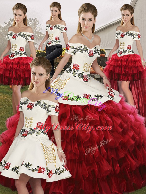 Wine Red Quinceanera Dresses Military Ball and Sweet 16 and Quinceanera with Embroidery and Ruffled Layers Off The Shoulder Sleeveless Lace Up