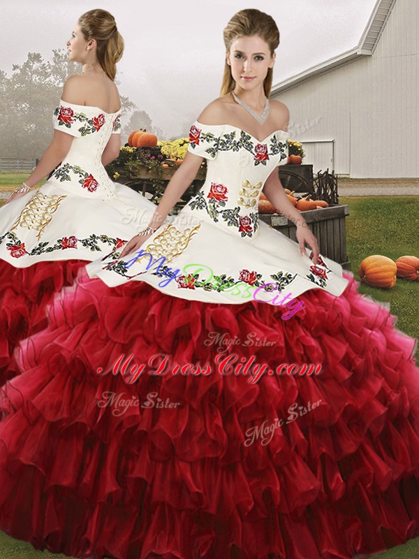 Wine Red Quinceanera Dresses Military Ball and Sweet 16 and Quinceanera with Embroidery and Ruffled Layers Off The Shoulder Sleeveless Lace Up