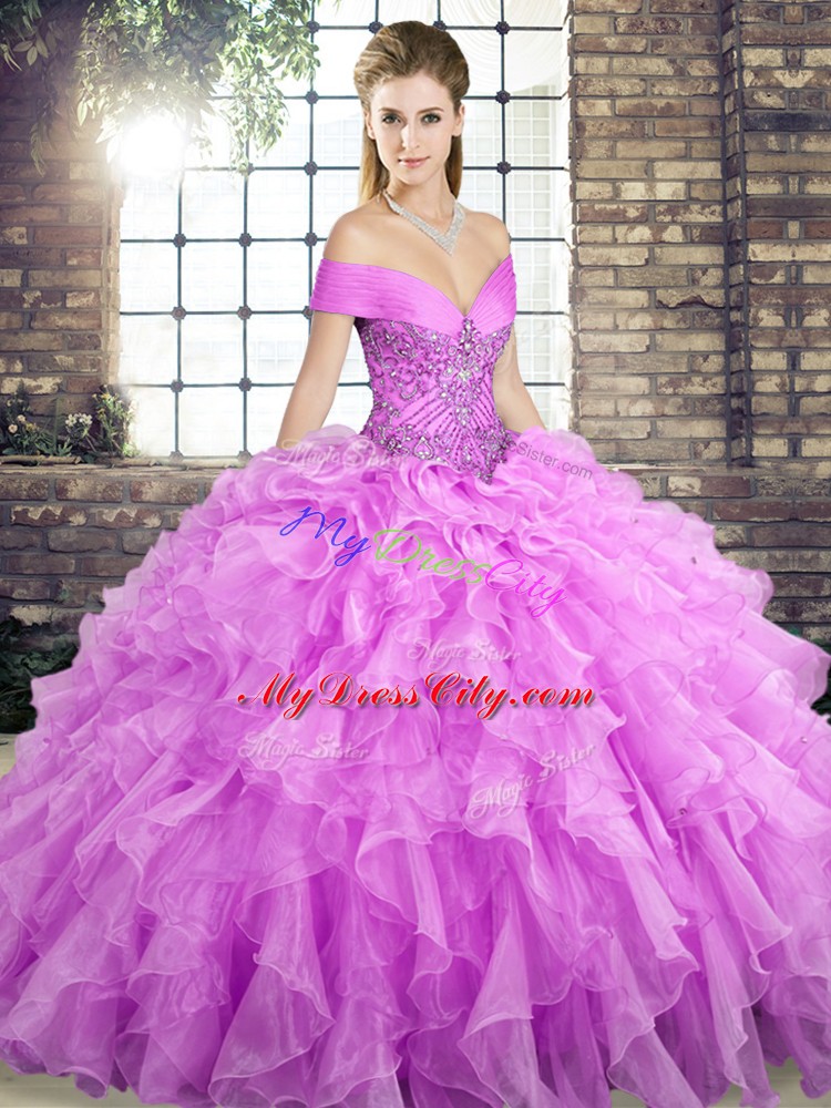 Sleeveless Organza Brush Train Lace Up Quinceanera Dress in Lilac with Beading and Ruffles