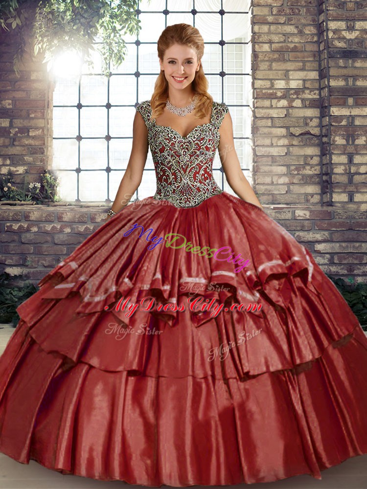 Rust Red Straps Lace Up Beading and Ruffled Layers Quinceanera Dress Sleeveless