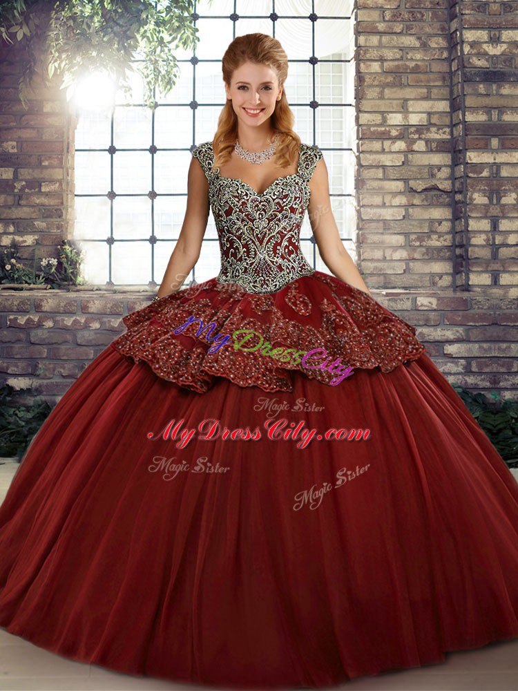 Fantastic Floor Length Wine Red Quinceanera Dress Straps Sleeveless Lace Up