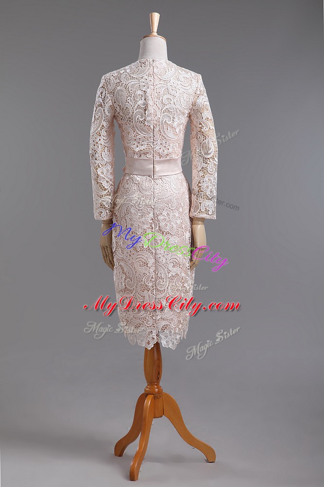 Dramatic Champagne Column/Sheath High-neck Long Sleeves Lace Tea Length Zipper Lace and Belt
