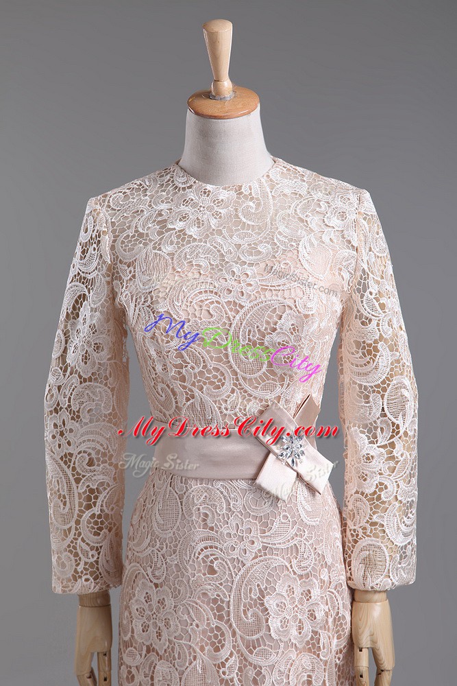 Dramatic Champagne Column/Sheath High-neck Long Sleeves Lace Tea Length Zipper Lace and Belt