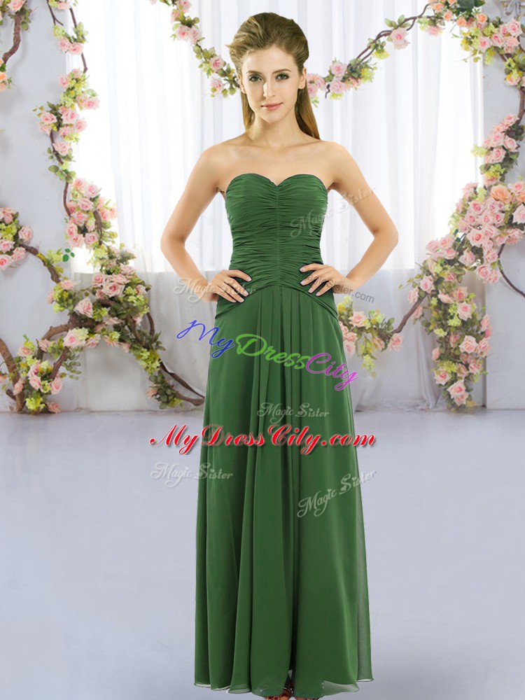 Affordable Green Chiffon Lace Up Sweetheart Sleeveless Floor Length Wedding Party Dress Ruching