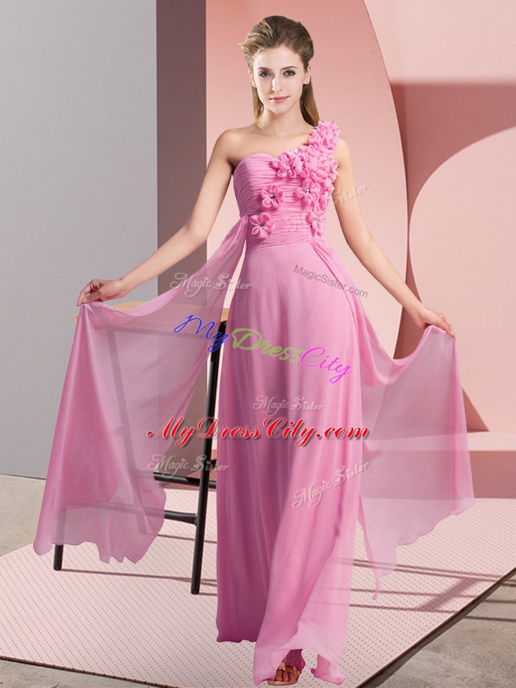 Most Popular Rose Pink Sleeveless Floor Length Hand Made Flower Lace Up Quinceanera Court Dresses