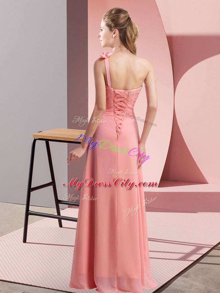 Most Popular Rose Pink Sleeveless Floor Length Hand Made Flower Lace Up Quinceanera Court Dresses