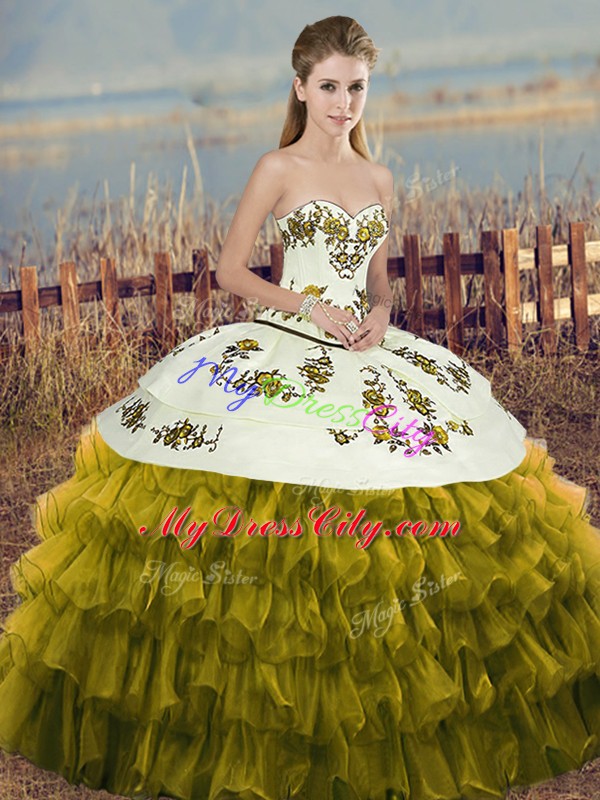 Organza Sweetheart Sleeveless Lace Up Embroidery and Ruffled Layers and Bowknot Quinceanera Dresses in Olive Green