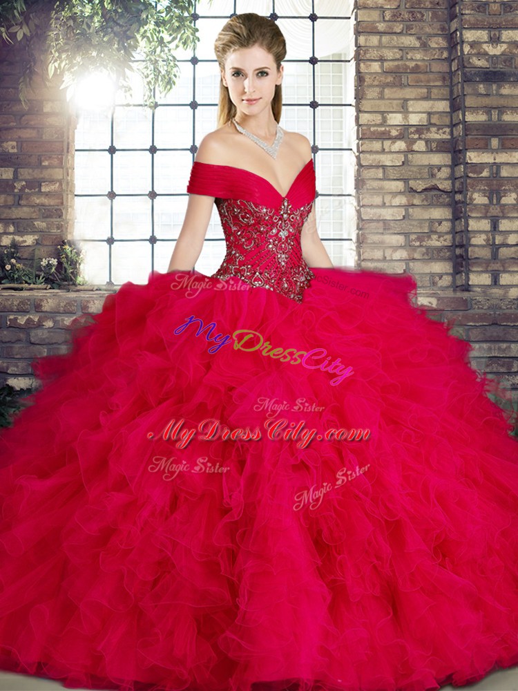 Dynamic Red Lace Up Off The Shoulder Beading and Ruffles Sweet 16 Dress Tulle Sleeveless
