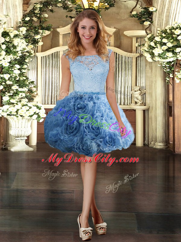 Affordable Blue Zipper Scoop Lace Prom Dresses Fabric With Rolling Flowers Sleeveless